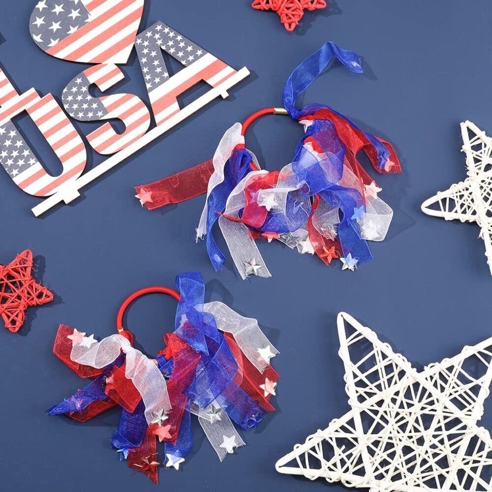American Flag Hair Ties Red White Blue Elastic 2 Pack Patriotic Summer - Picture 6 of 7